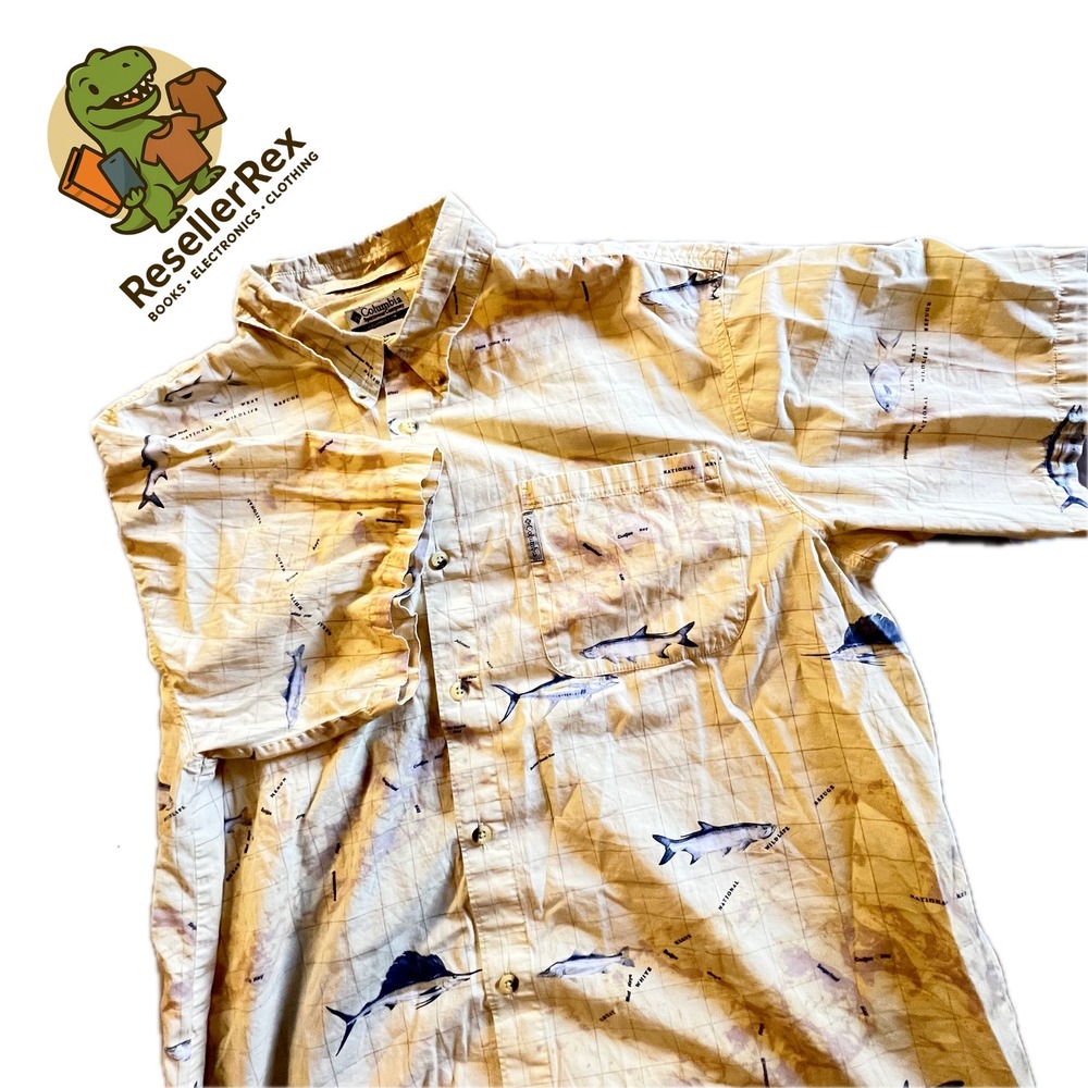 Columbia Mens Short Sleeve Button Up Fishing Map Print‎ Shirt